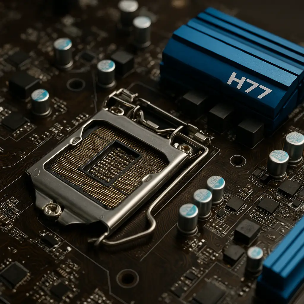 Cận cảnh bo mạch chủ chipset Intel H77 socket LGA 1155 với các linh kiện điện tử chi tiết.