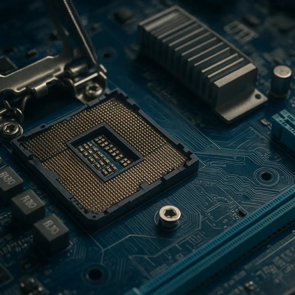 Cận cảnh bo mạch chủ Gigabyte H61M-DS2 với socket LGA 1155 và các linh kiện điện tử.