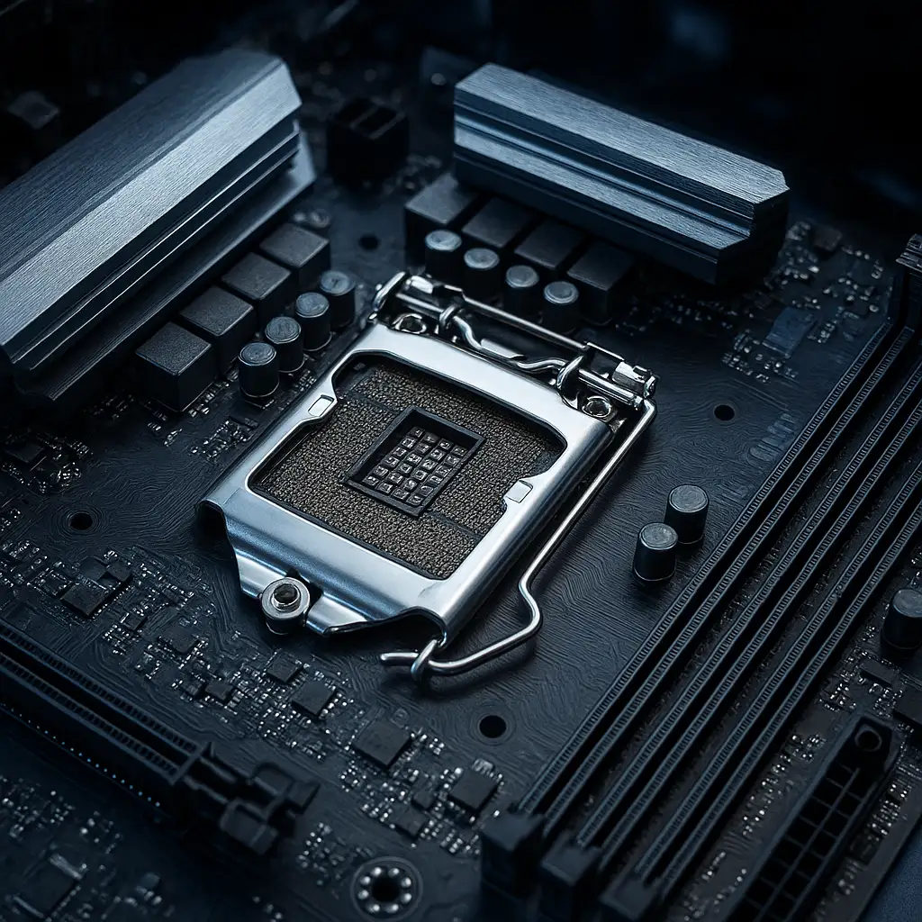 Cận cảnh bo mạch chủ Intel B250 với socket LGA 1151 và các linh kiện VRM