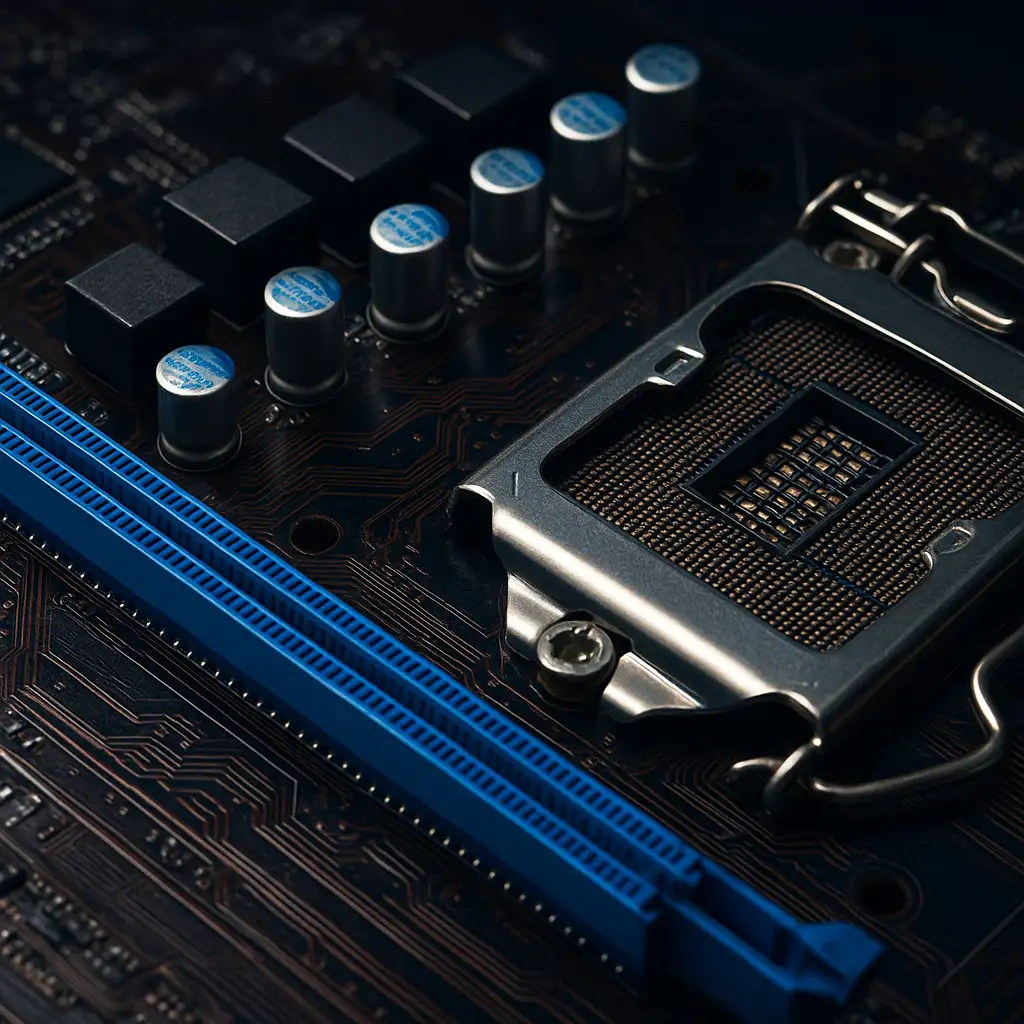 Cận cảnh bo mạch chủ Intel H81 với khe cắm PCIe 2.0 và hệ thống VRM