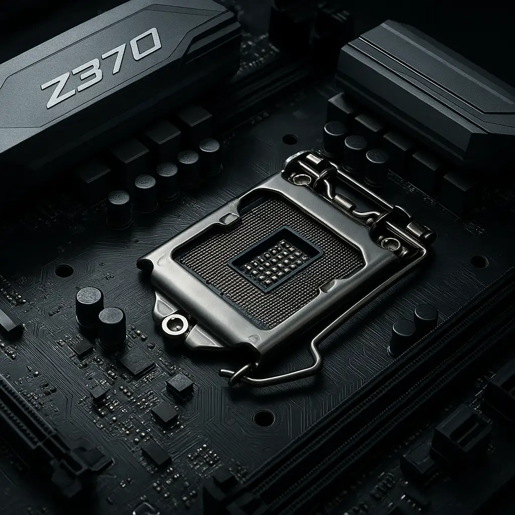 Cận cảnh bo mạch chủ Intel Z370 với socket LGA 1151 và tản nhiệt VRM
