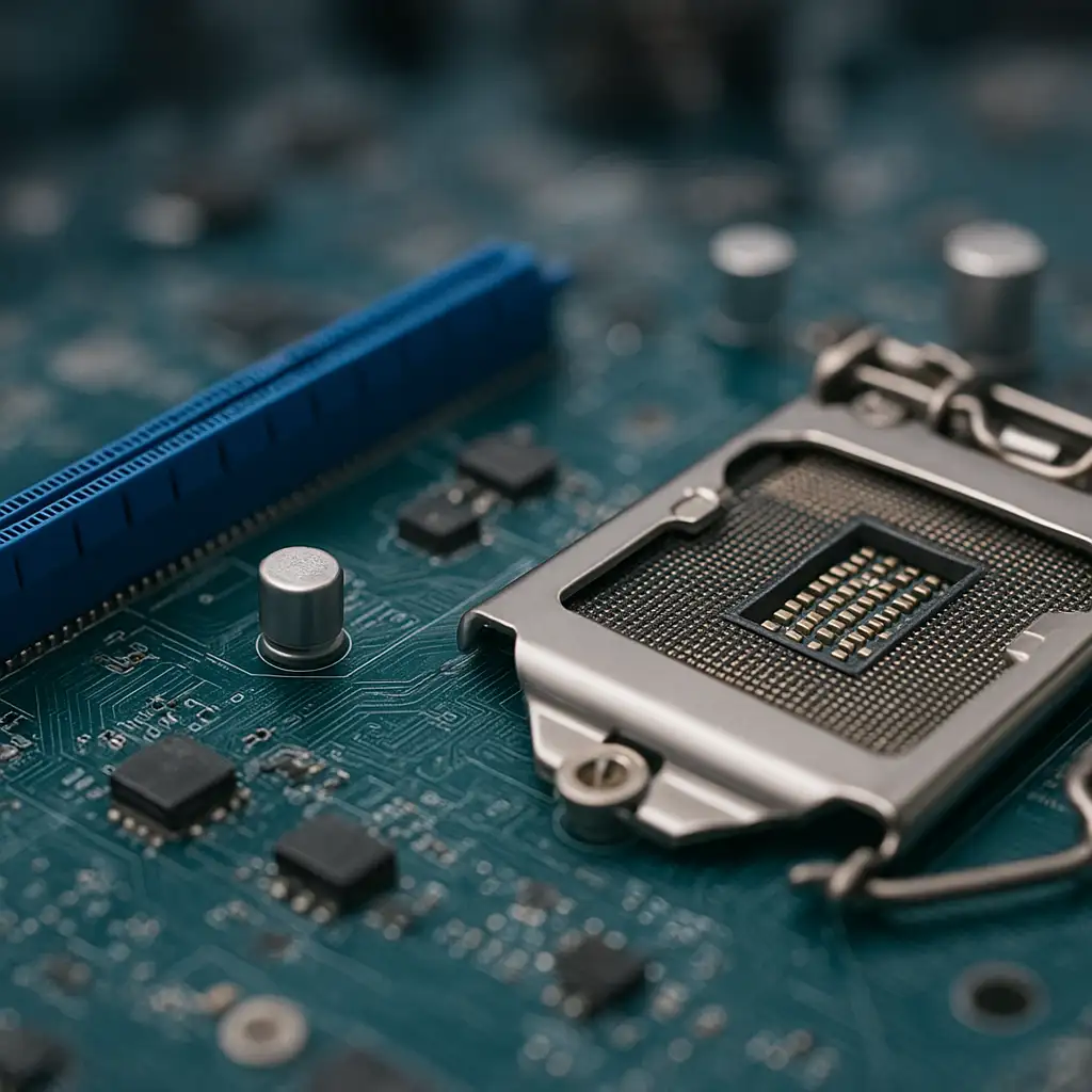 Cận cảnh bo mạch chủ Main H61 với khe cắm PCIe 2.0 x16 và socket LGA 1155
