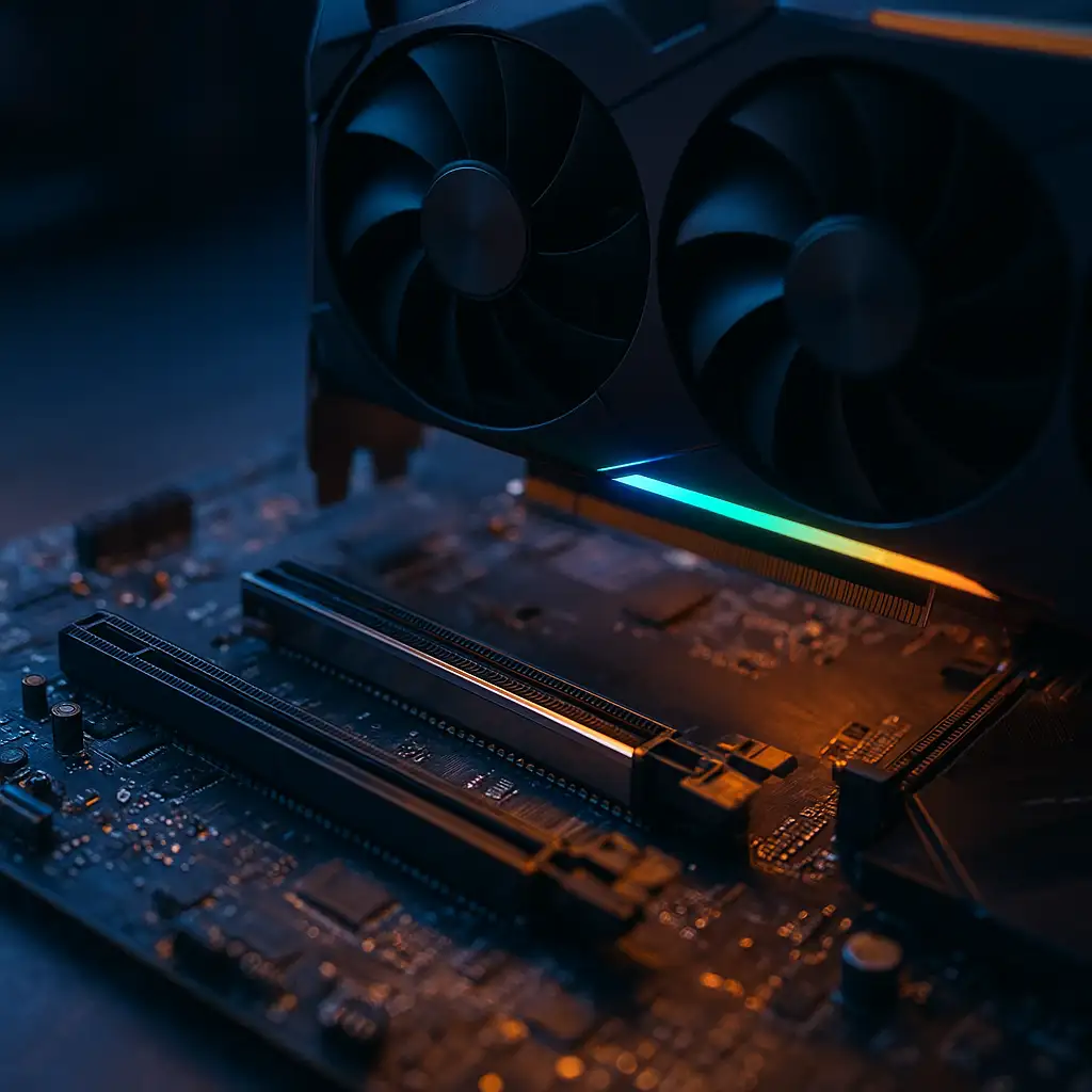 Cận cảnh khe cắm PCIe x16 trên mainboard Z790 và card màn hình RTX 40 series.