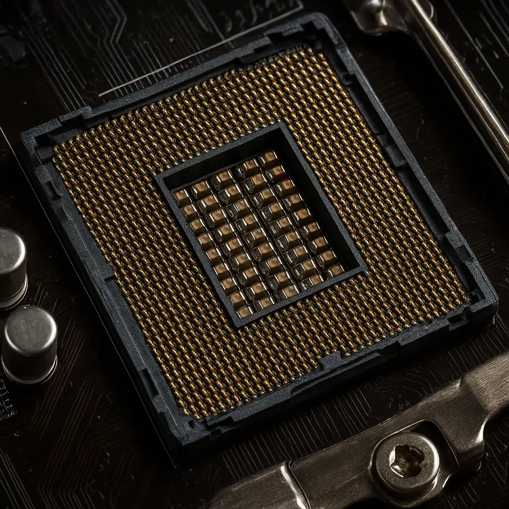 Cận cảnh socket LGA 1150 với 1150 chân tiếp xúc mạ vàng trên bo mạch chủ.
