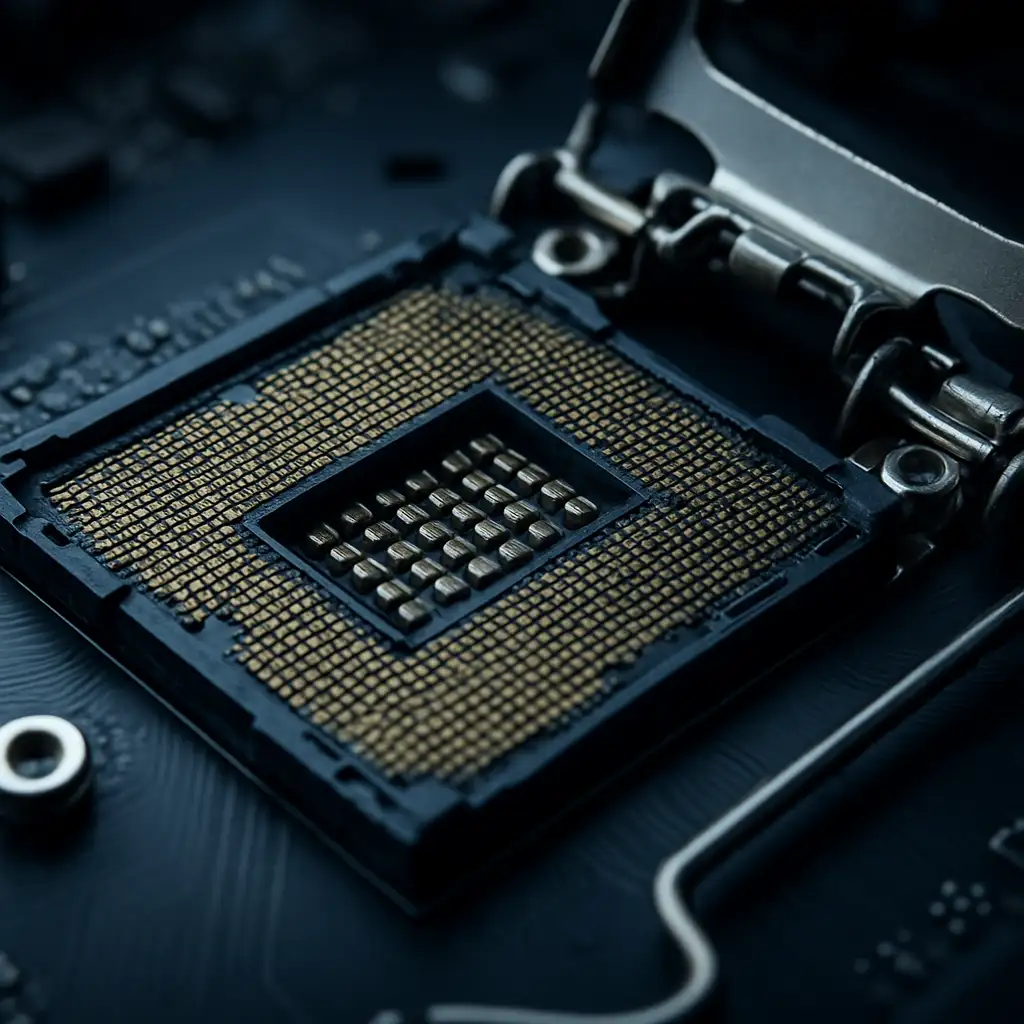 Cận cảnh socket LGA 1151 trên bo mạch chủ với 1151 chân tiếp xúc mạ vàng.