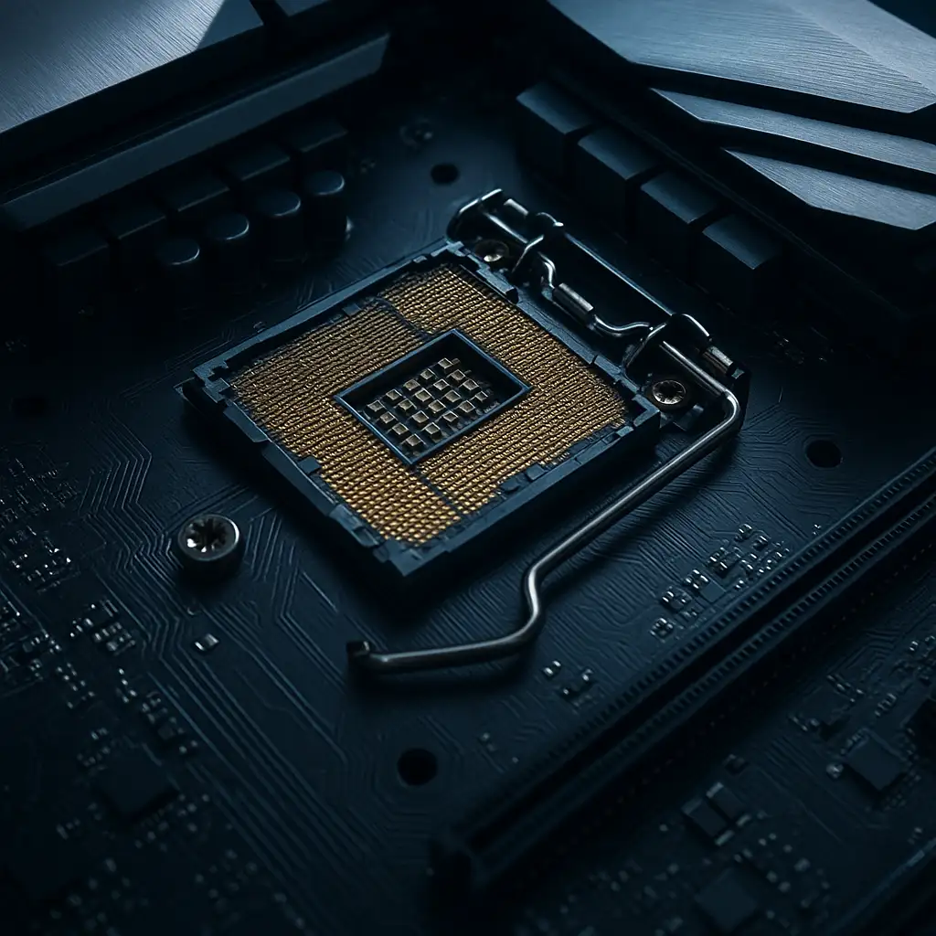 Cận cảnh socket LGA 1151 và tản nhiệt trên bo mạch chủ Intel Z170 cao cấp.