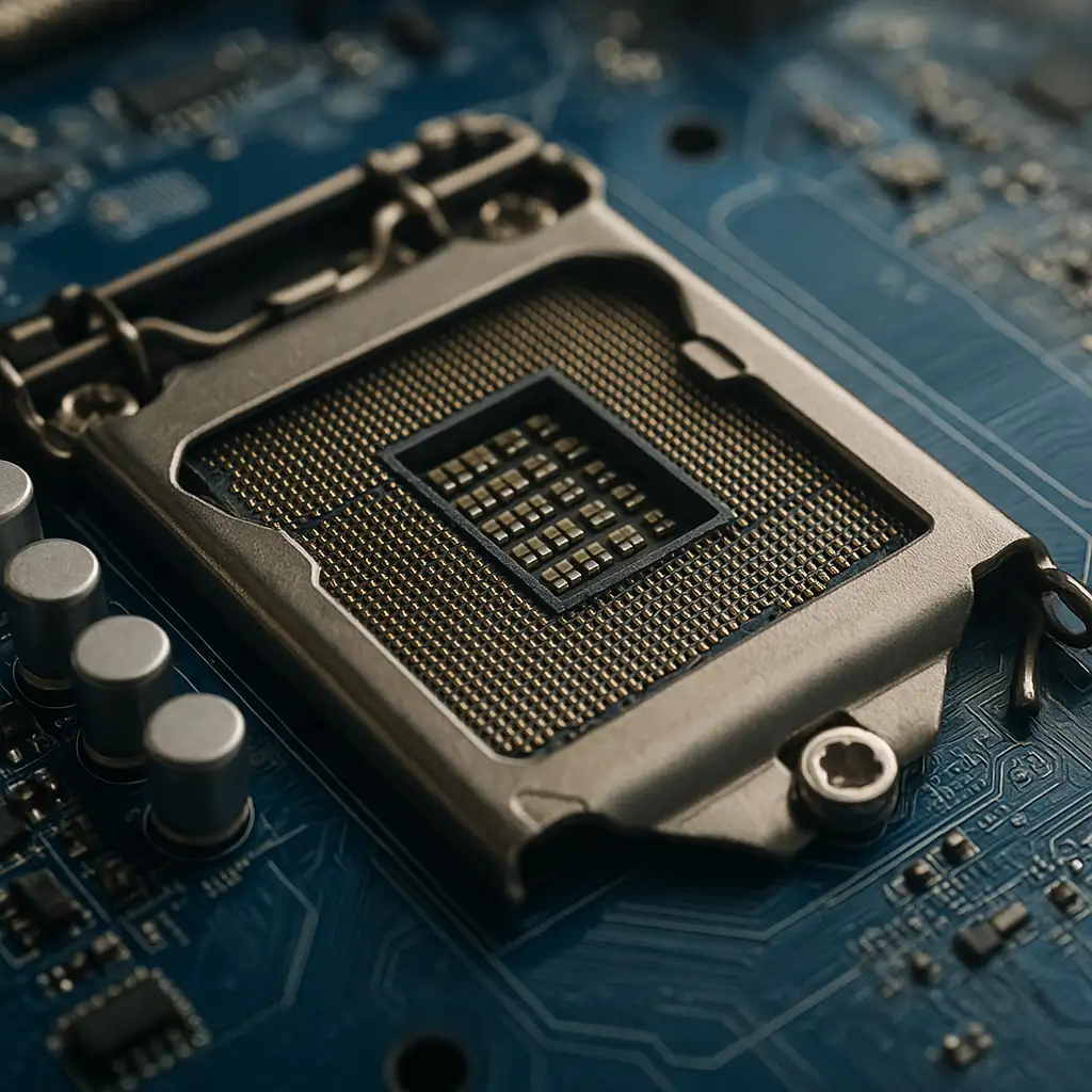 Cận cảnh socket LGA 1155 trên bo mạch chủ mainboard B75 hỗ trợ CPU Intel thế hệ 2 và 3.