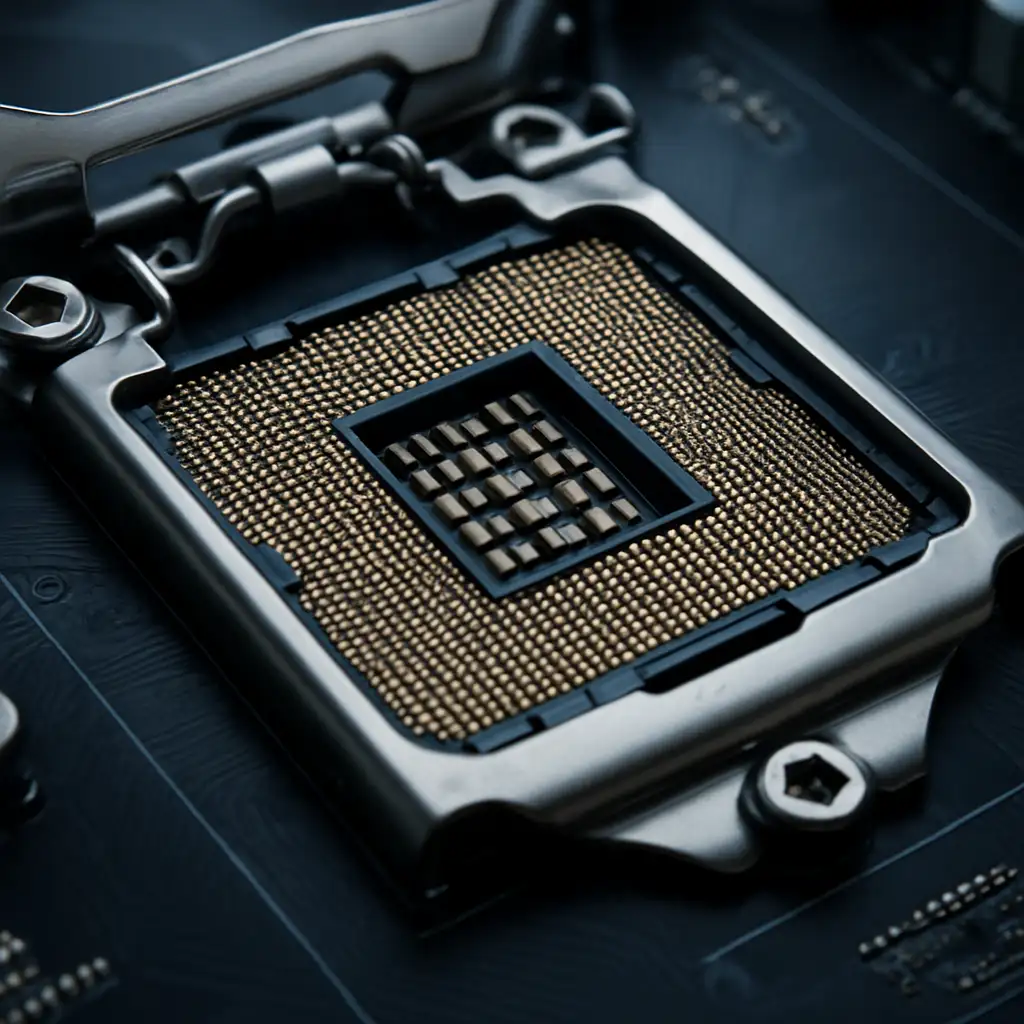 Cận cảnh socket LGA 1155 trên bo mạch chủ với các chân tiếp xúc mạ vàng.