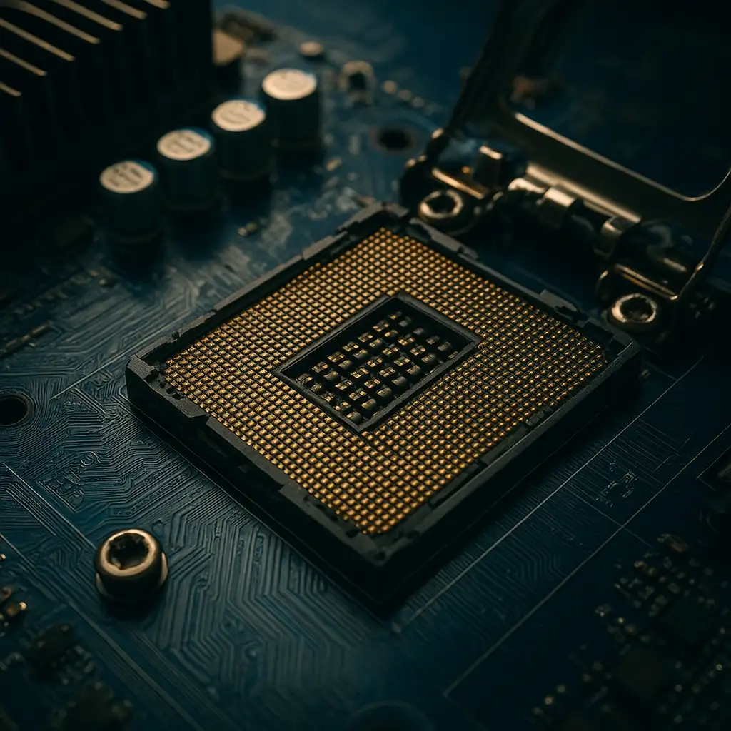Cận cảnh socket LGA 1156 trên bo mạch chủ với các chân tiếp xúc mạ vàng.