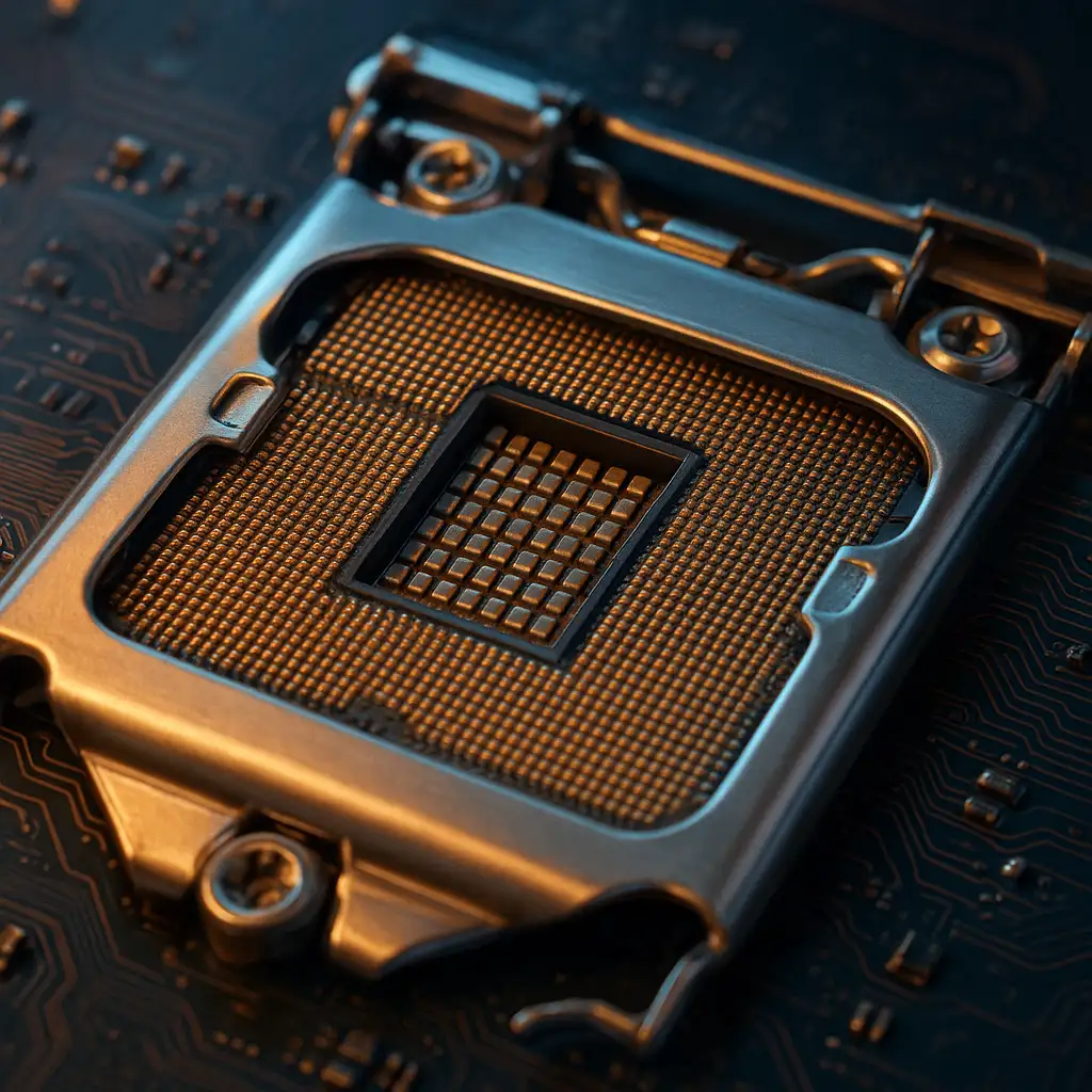 Cận cảnh socket LGA 1200 với 1170 chân tiếp xúc trên bo mạch chủ Intel.