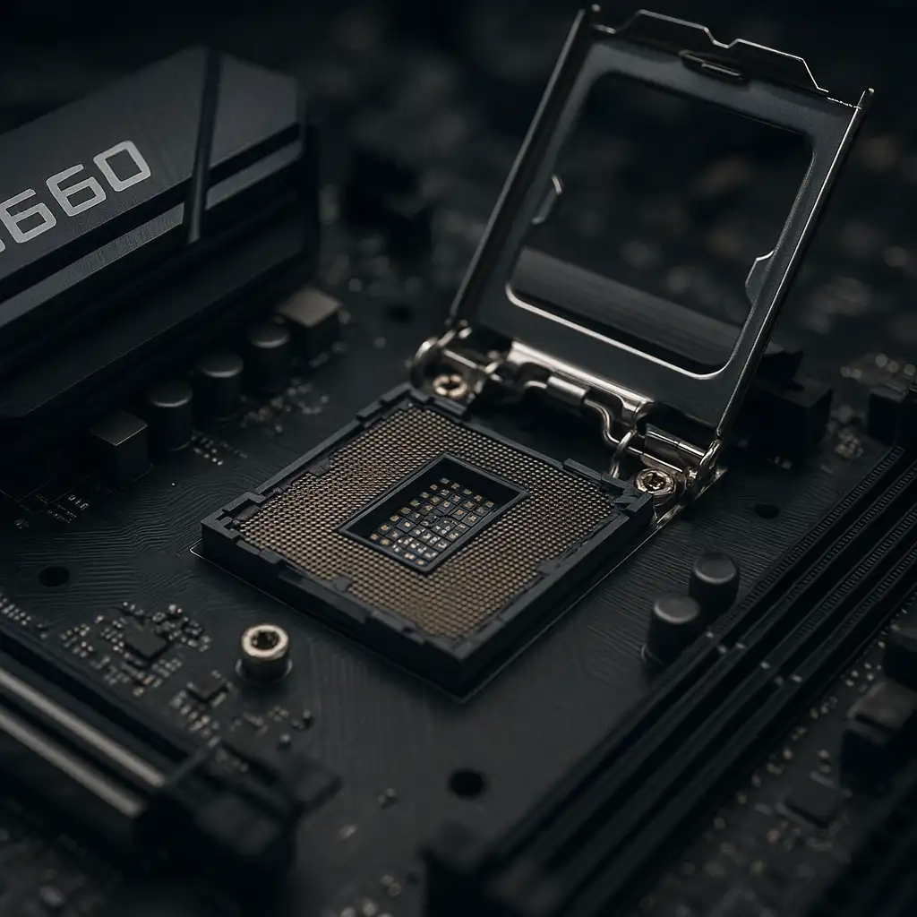 Cận cảnh socket LGA 1700 trên bo mạch chủ main B660 chuyên dụng cho CPU Intel thế hệ 12, 13 và 14.