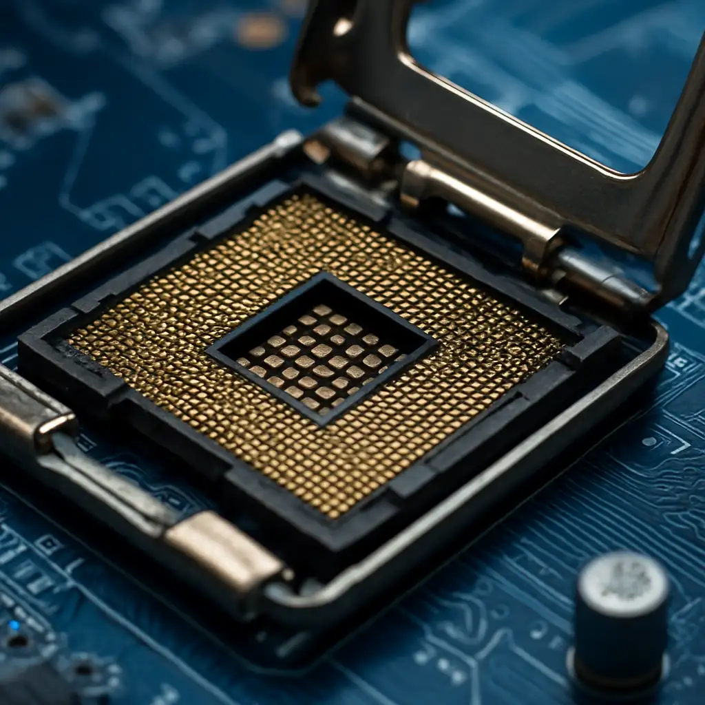 Cận cảnh socket LGA 775 với 775 điểm tiếp xúc mạ vàng trên bo mạch chủ
