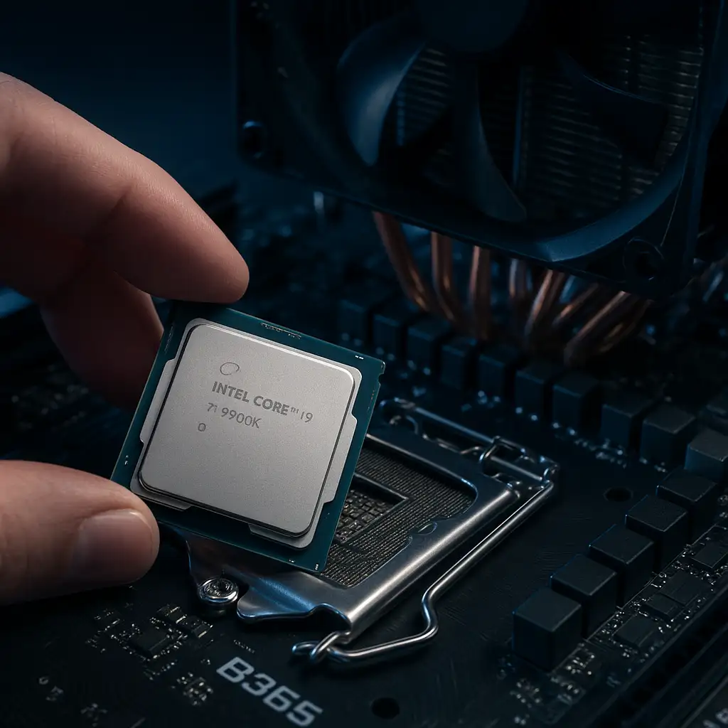 Cấu hình Intel i9-9900K trên bo mạch chủ B365 cùng hệ thống tản nhiệt chuyên dụng.