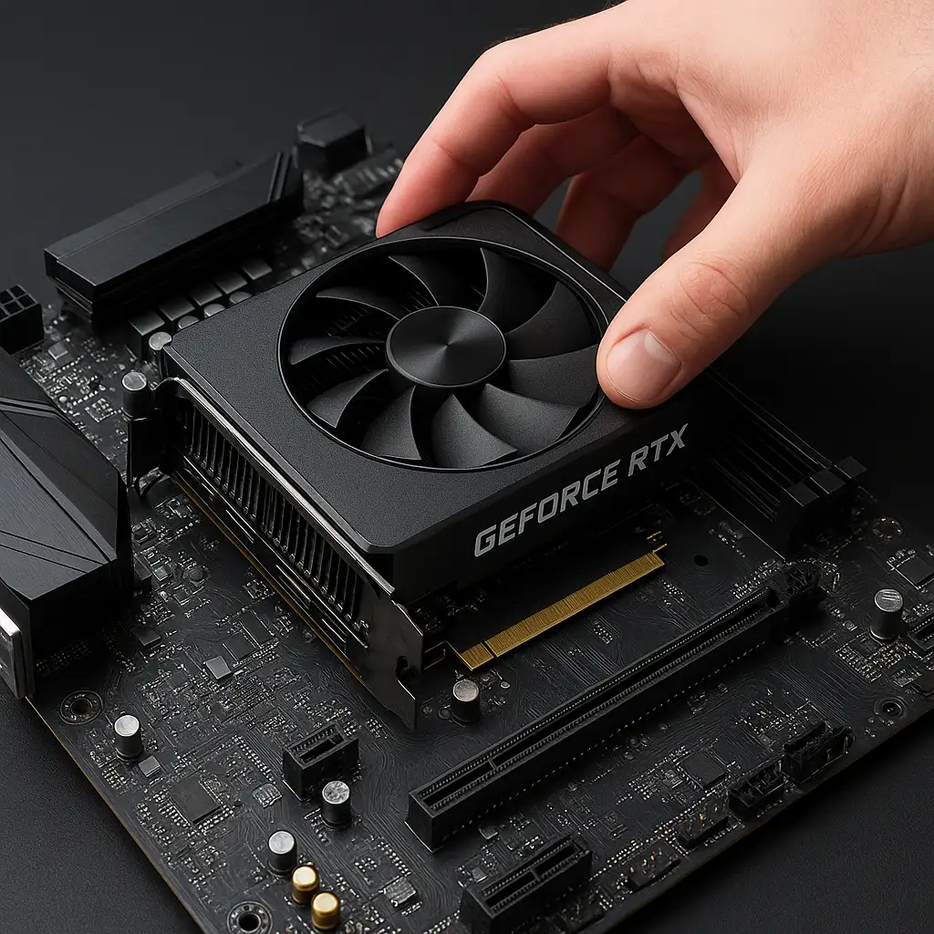 Hình ảnh lắp đặt card đồ họa RTX 3050 vào khe cắm PCIe trên mainboard H410.