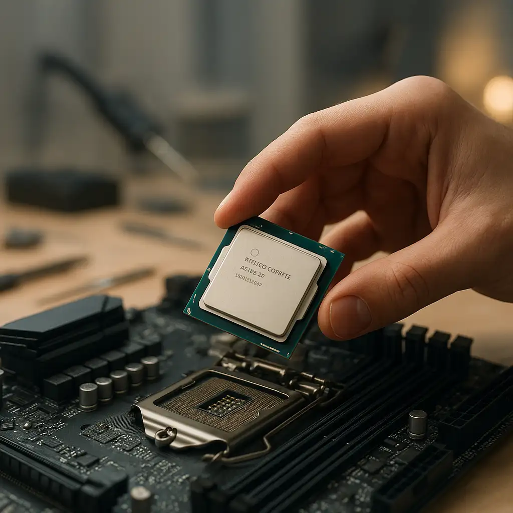 Kỹ thuật viên đang lắp đặt CPU Intel Core i7 vào bo mạch chủ để nâng cấp hệ thống