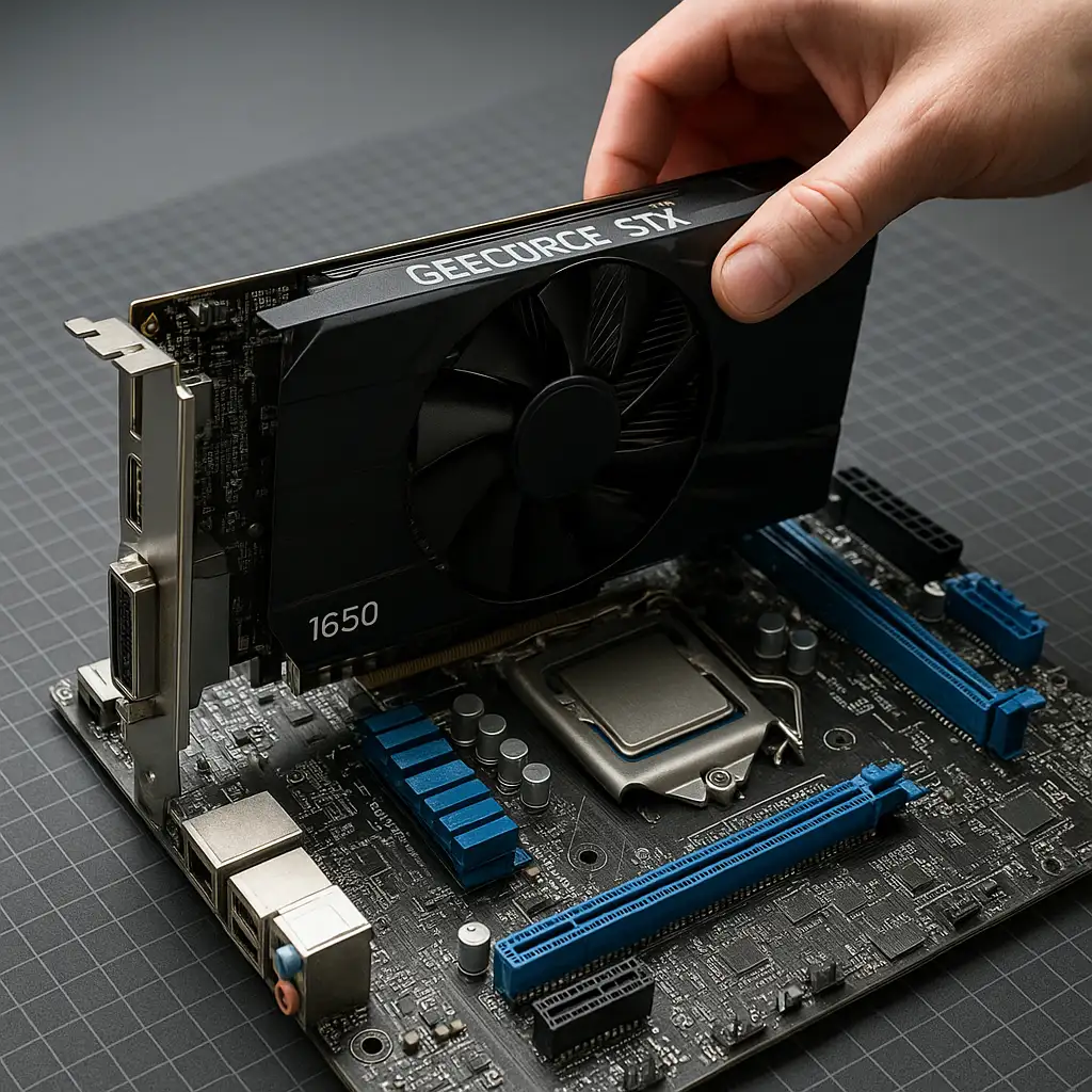 Lắp card đồ họa rời GTX 1650 vào khe PCIe trên mainboard Intel H110