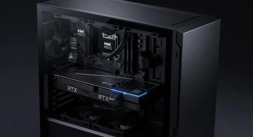 Mainboard H510 lắp card đồ họa RTX 3060 qua slot PCIe 3.0, minh họa bảng tương thích VGA RTX 3050 3060 4060