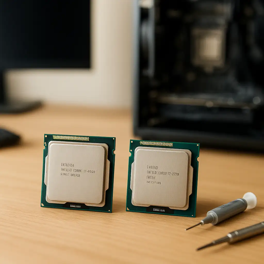 So sánh CPU Intel Core i7-2600 và i7-3770 đặt cạnh nhau trên bàn làm việc.
