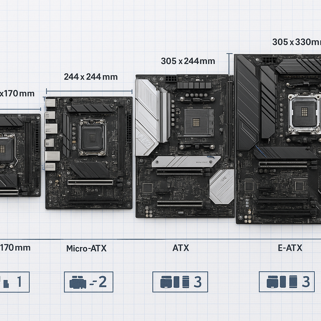 So sánh kích thước form factor Mini-ITX với ATX, Micro-ATX, E-ATX